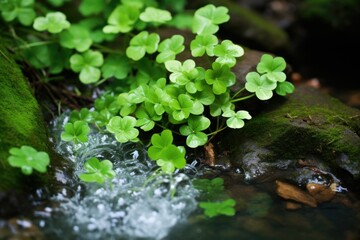 Naklejka premium A picturesque pond adorned with thriving clover pays homage to St. Patrick's Day. The vibrant greenery reflects in the water, creating a serene scene of celebration