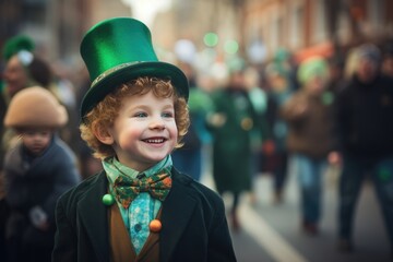 A young boy's smile lights up the city street as he wears a leprechaun hat and festive St....