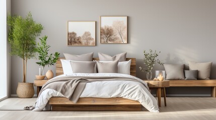 A wooden bedframe in a minimalist bedroom with two framed prints of leafless trees above it, a potted plant, and a wooden bench at the end of the bed with a candle on it.