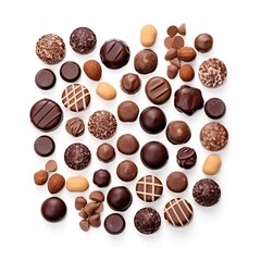 Various kinds of chocolate candy arranged on a white background