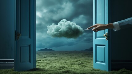 Hand opening door to a surreal cloudy landscape