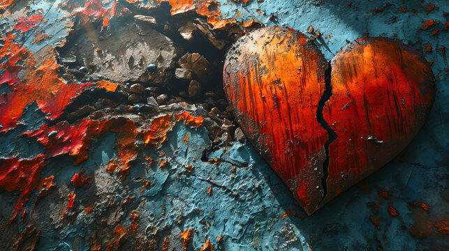 a broken red heart on an old blue stone wall, decay of love, buildings, emotional background for old real estate, renovation, generative AI