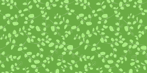 Seamless pattern with branches and leaves in linear style. Print with spring greenery. Vector graphics.