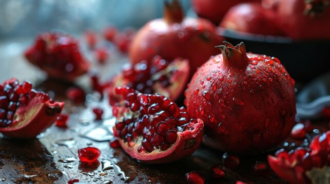 Pomegranates with water drops