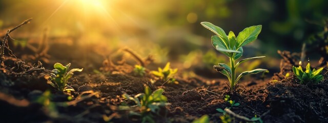 The seedling growing from the rich soil, ecology concept. wide panoramic banner