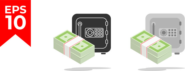 Bank safe with packs of paper money. Illustrative design for the concepts of money, wealth, investment and finance. Flat vector illustration