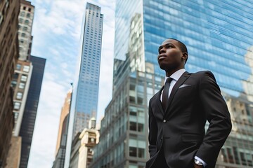 Fototapeta na wymiar Young Black Businessman in Front of Skyscraper