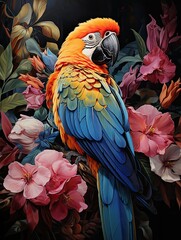 Obraz premium tropical leaves greenery with green leaves and colorful parrot birds over black background