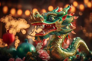 Fototapeta premium Mystical Dragon Sculpture Amidst Blooming Flowers