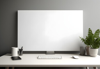 Work place concept : Mock up Blank screen computer desktop with keyboard in cafe or co-working...