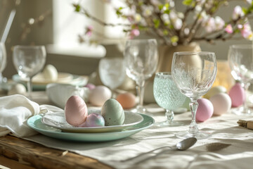 Pastel colored Easter table setting with delicate glassware. Table decor concept. Generative AI
