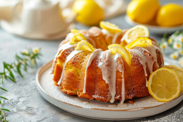 Classic lemon pound cake with powdered sugar glaze. Generative AI - obrazy, fototapety, plakaty