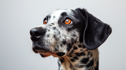 Dalmatian portrait, close up pet photography, dalmation spots, plain white background
