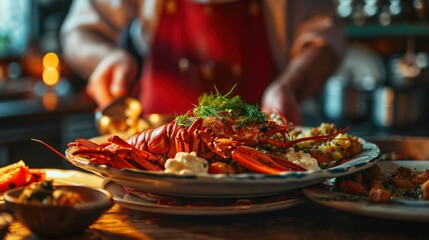 The chef carries a plate of large lobster - obrazy, fototapety, plakaty