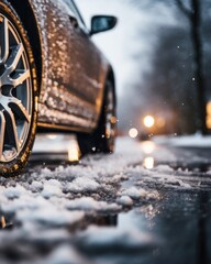 Glistening Winter Drive Closeup of Car Wheel on Snow-Covered Road at Generative AI