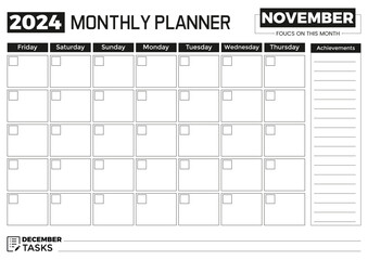 2024 November Monthly Planner Minimalist Template in A4 Format