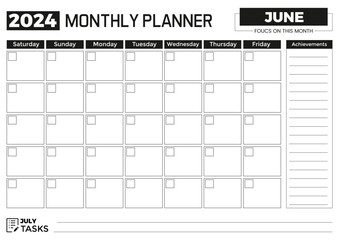 2024 June Monthly Planner Minimalist Template in A4 Format