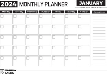 2024 January Monthly Planner Minimalist Template in A4 Format - obrazy, fototapety, plakaty
