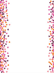 Bright hearts confetti corner frame on white background. Valentine's Day. Banner template. Space for text. illustration.