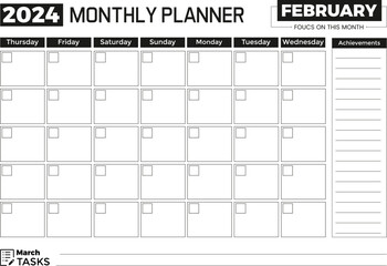 2024 February Monthly Planner Minimalist Template in A4 Format