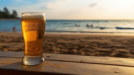 Glass of beer on the beach at sunset. Vacation concept.