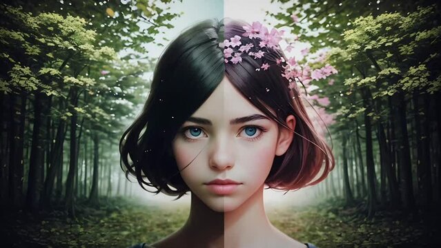 A young girl's face artfully transitions into a forest scene, evoking the interconnectedness of human life with the natural world.