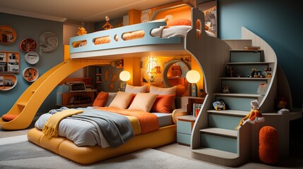 A bunk bed with a slide and lots of storage - obrazy, fototapety, plakaty