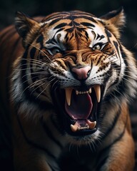 Obraz premium Portrait of a tiger with open mouth and wide open mouth.