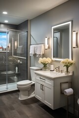 Fototapeta na wymiar Modern bathroom interior with white vanity, vessel sink and large mirror