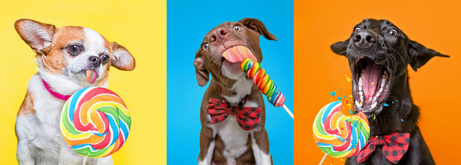 cute dogs eating suckers on an isolated background