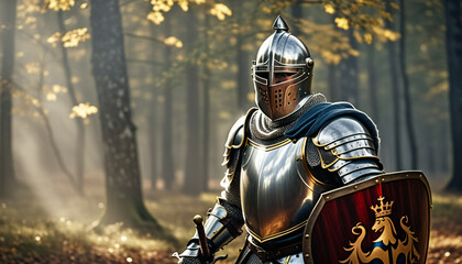 Fototapeta premium medieval knight in shining armor with sword and shield generative ai