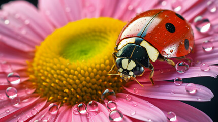 Morning Dew's Embrace: A Vivid Ladybug's Quest on a Pink Petal - Exquisite Macro Photography Capturing Nature's Minute Marvels