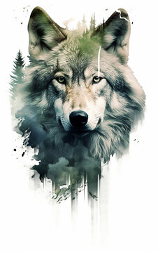 o lobo e a floresta em dupla exposi&ccedil;&atilde;o 