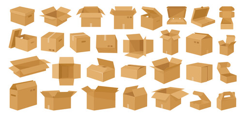 Cartoon cardboard boxes. Carton delivery boxes, open and closed shipping package with fragile signs, parcel delivery boxes flat vector illustration set. Cardboard box collection - obrazy, fototapety, plakaty