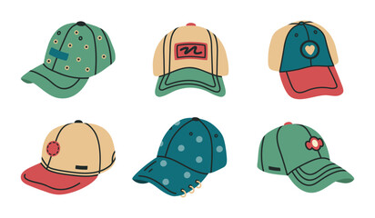 Baseball caps. Trendy cap, sport headwear, modern fashion accessories flat vector illustration set. Colorful headwear collection