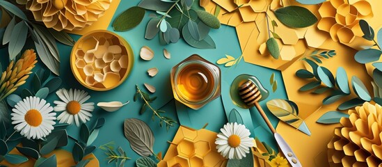 Colorful collage featuring honey jar, hexagon shape, honeycomb, paper cutouts, herbs, and spoon. Top-down view.