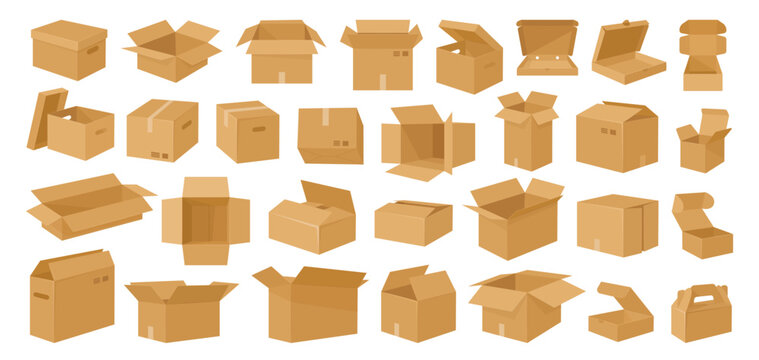 Cartoon cardboard boxes. Carton delivery boxes, open and closed shipping package with fragile signs, parcel delivery boxes flat vector illustration set. Cardboard box collection