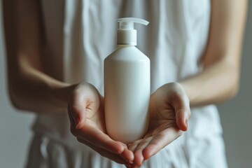 A person's hand delicately holds a white bottle of lotion, offering a soothing escape from the hectic indoor world