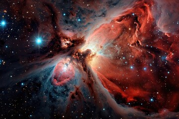 The vibrant hues of a red and blue nebula dance among the vastness of the universe, revealing the wonders of outer space and the endless possibilities within our galaxy