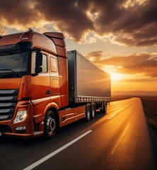 Fototapeta na wymiar Majestic Journey of a Semi Truck Piercing the Sunset Veil Generative AI
