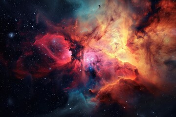 Amidst the vast expanse of the universe, a vibrant nebula radiates with the cosmic energy of distant stars, reminding us of the infinite beauty and wonder of our natural world - obrazy, fototapety, plakaty