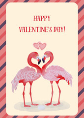 Happy Valentine's Day card. The inscription "Happy Valentine's Day" with two pink flamingos.