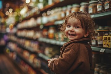 A young girl stands in awe, surrounded by endless options of food and smiles at the convenience of having everything she needs in one retail store
