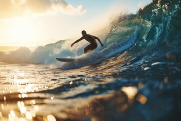 Amidst the vast blue ocean and beneath the clear sky, a man gracefully rides the powerful wave on his surfboard, embodying the ultimate outdoor sport of surfing - obrazy, fototapety, plakaty