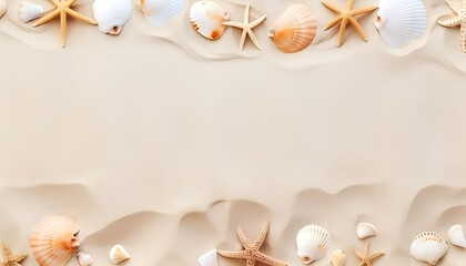 Fototapeta na wymiar Top view of a sandy beach with collection of white and beige seashells and starfish as natural textured background for summer travel design