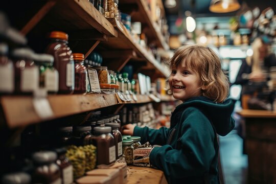 A young boy stands in a bustling store, his face full of wonder as he gazes at the endless shelves of clothing and bottles, surrounded by the chaos of retail but lost in his own innocent world