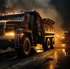 Large Dump Truck Driving Down Street at Night Generative AI