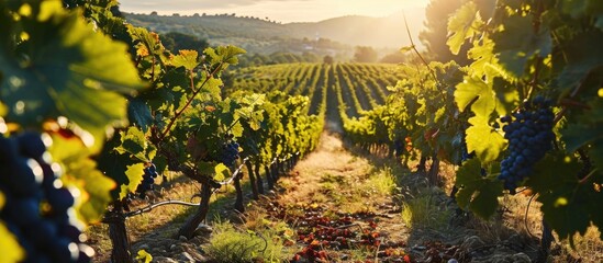 Naklejka premium Sun-soaked vineyards of France with ripe dark wine grapes.