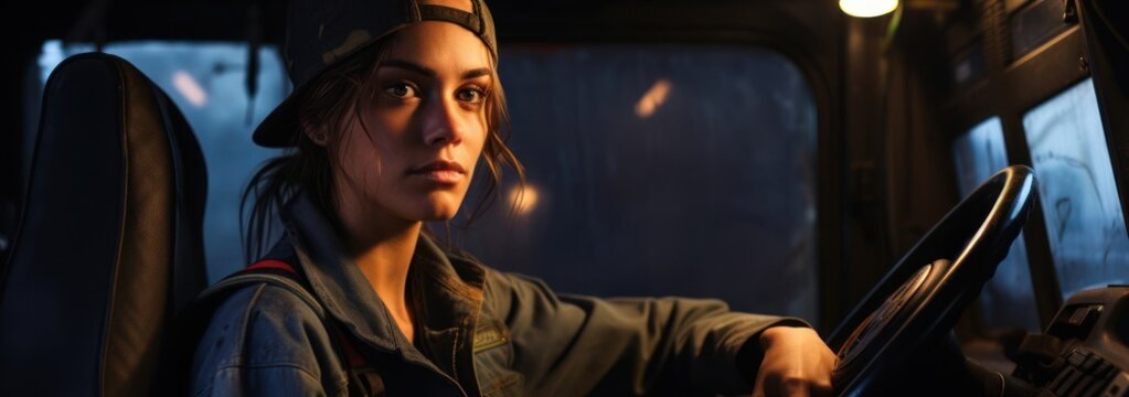Caucasian Woman Driving Bus in the Dark Safe Transportation in Generative AI