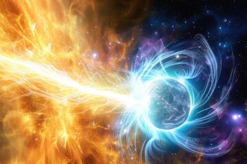 A detailed depiction of a magnetic field surrounding a neutron star With intense auroras - obrazy, fototapety, plakaty